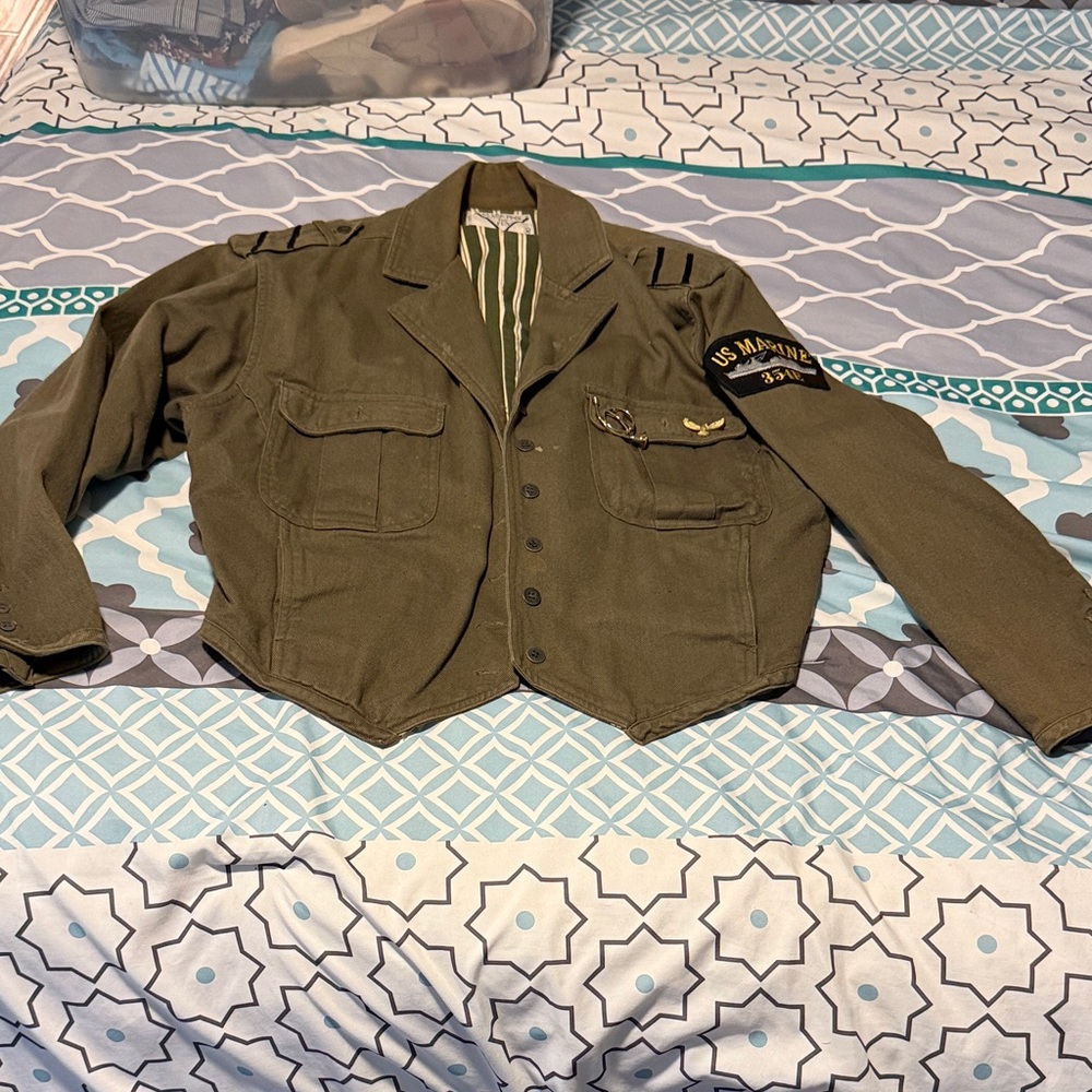 Vintage Olive Green Military Jacket with Patches